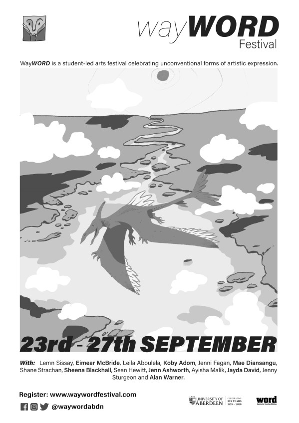 Greyscale. The WayWORD 2020 poster, featuring a dragon flying over hills and that it was from the 23rd to 27th of September.