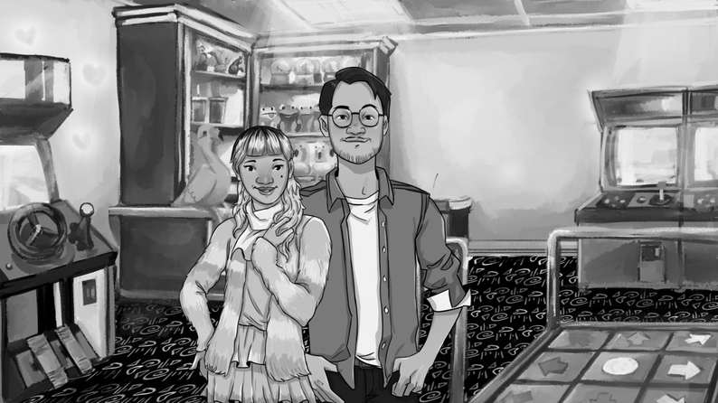 Greyscale. Two people, Wei and Sophia, stand in a gaming arcade. They are smiling.